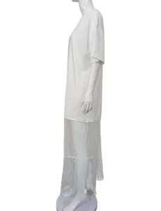 White short sleeve lace splicing long dress detail view, elegant summer women's dress.