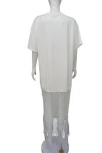 Detailed back view of the white short-sleeve lace splicing long dress, summer chic style.