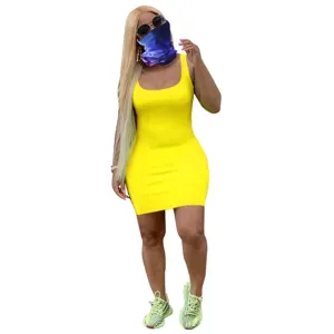 Women Summer Solid Color Tank Dress Casual Ribbed U-Neck Slim Bodycon Mini Dress