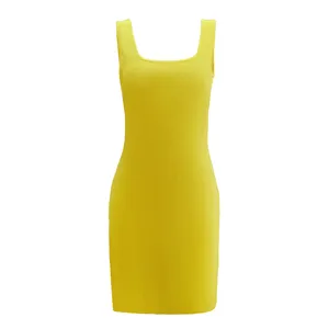 Summer casual women solid color yellow tank dress, elegant sleeveless bodycon mini dress.
