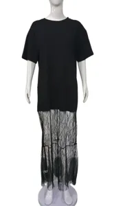 Summer new solid color long dress women's European lace patchwork short sleeve midi dress.