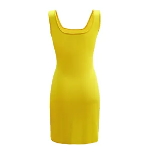 Yellow sleeveless tank dress detail view, scoop neck bodycon summer casual short dress