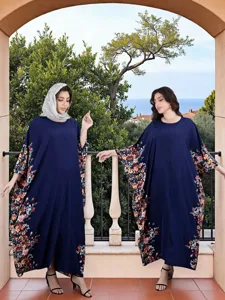 Women Casual Ethnic Floral Print Long Sleeve Maxi Dress Loose Plus Size Kaftan Long Robe Elegant Vacation Beach Dress