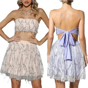 Femmes Sexy Paillettes Sans Bretelles Tube Top Et Jupe à Franges Ensemble Deux Pièces Lacets Dos Nu Soirée Clubwear Tenues