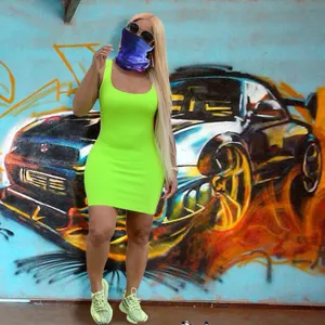 Neon green summer tank dress, sleeveless casual slim fit bodycon dress for women