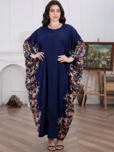 Plus size floral caftan maxi dress for women, loose long sleeve evening gown, elegant.