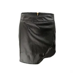 Close-up detail of black faux leather high waist split mini skirt texture and back zipper.