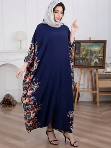 Plus size floral loose kaftan maxi dress for women, elegant long sleeve casual wear.