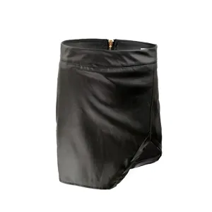 Black PU leather skirt detail showing asymmetrical front slit and back zipper closure.