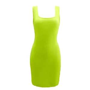 Neon green sleeveless bodycon mini dress detail, sleek square collar casual summer wear close up.