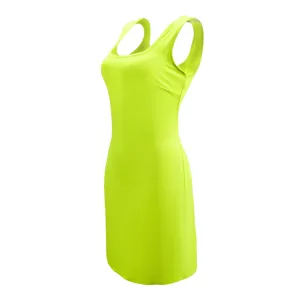 Neon green sleeveless tank dress detail, slim fit bodycon summer casual apparel view.