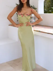 Women's Sexy V-Neck Satin Slip Long Dress Floral Embroidery Backless Slim Maxi Dress