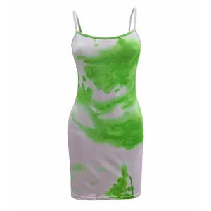 Green tie-dye spaghetti strap bodycon mini dress front detail showing stylish summer design.