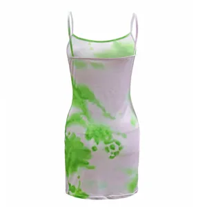 Women Sexy Tie Dye Spaghetti Strap Bodycon Mini Dress Summer Casual Sleeveless Dress