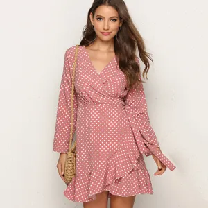 Women long sleeve polka dot wrap dress casual V-neck ruffled mini dress for autumn