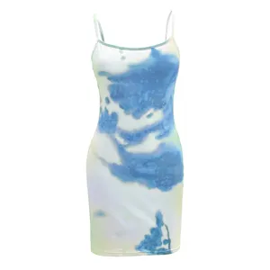 Blue white tie dye cami bodycon dress detail view, stretchy slim fit summer fashion.