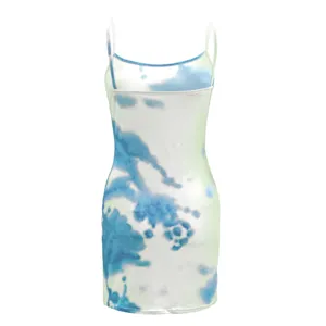 Women sexy tie dye spaghetti strap bodycon mini dress summer beach party club wear