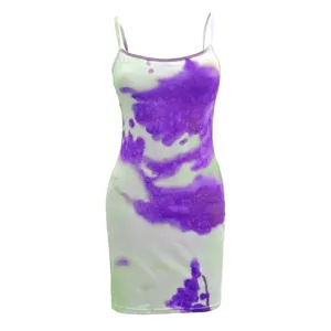 Women sexy tie dye slip dress summer casual slim fit bodycon spaghetti strap mini dress detail