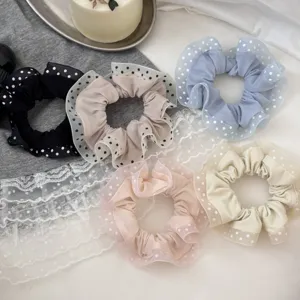 Sweet lace polka dot hair scrunchies set, fabric cute ponytail holder hair accessories for women.