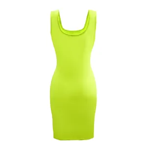 Neon green tank dress detail view, summer bodycon sleeveless dress close-up texture.