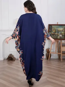 Plus size floral loose long dress women casual elegant navy blue maxi kaftan dress