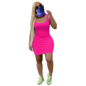 Summer solid color ribbed tank dress women casual sleeveless bodycon mini dress fashion