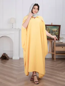 Grote maat vrouwen gele lange feestelijke kaftan jurk met strass vleermuismouwen