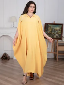 Plus size gele maxi kaftan jurk met strass kraag en vleermuismouwen voor feestje
