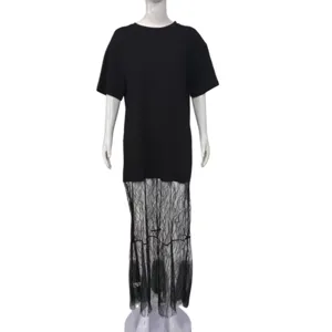 Casual black short sleeve t-shirt spliced with sheer lace long skirt, trendy summer dress.