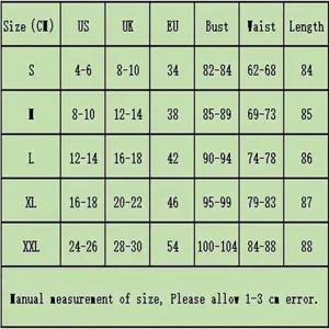 Detailed women clothing size chart with bust, waist and length measurements for proper fit.