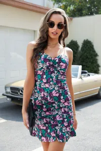 Details of the summer floral ruched bodycon sexy cami club dress with vibrant print.