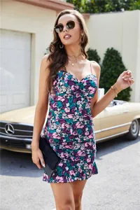 Summer floral print ruched bodycon sexy spaghetti strap club party mini dress for women