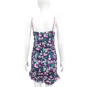 Floral ruched bodycon spaghetti strap mini dress back detail showcasing summer style.