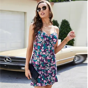 Summer floral ruched bodycon slip dress, sexy sleeveless party club mini dress for women.