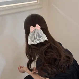 Nahaufnahme des süßen rosa Schleifen-Haarclips mit eleganter weißer Spitzen-Schleier.