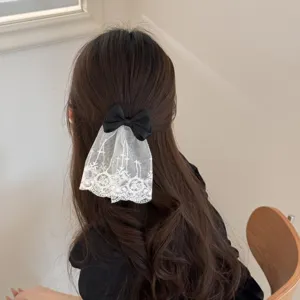 Französische schwarze Schleife weiße Spitze Haarklammer elegante Haaraccessoires Detail