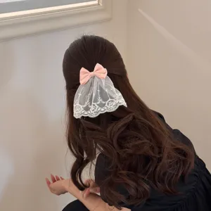 Rosa Schleife Haarklammer mit weißem Spitzen Schleier französischer Stil Haarschmuck Damen.