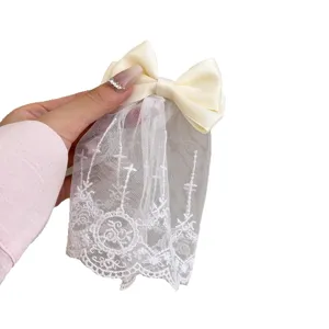 Süße weiße Spitzen-Schleife Haarspange mit Netz-Schleier, elegante französische Haarnadel.