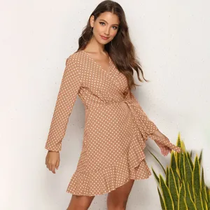 Women's Long Sleeve Polka Dot Wrap Dress Casual V-Neck Ruffle Hem Mini Autumn Dress