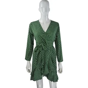 Green polka dot wrap dress for women long sleeve V neck ruffles casual elegant midi dress