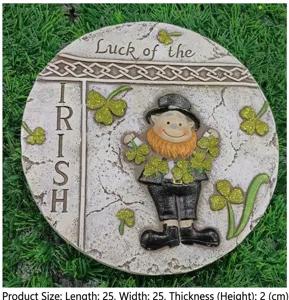 Passo da giardino trifoglio San Patrizio, decoro rilievo folletto irlandese, 25cm.