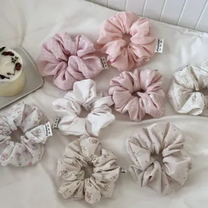Korean pink floral fabric hair scrunchies, cute soft hair ties for women and girls daily styling.