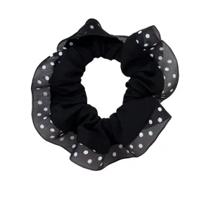 Black polka dot hair scrunchie with sheer ruffle edge, sweet elastic ponytail hair tie for women.