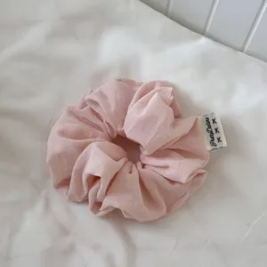 Korean pink fabric scrunchie detail shot, soft hair accessory for daily styling and ponytail.