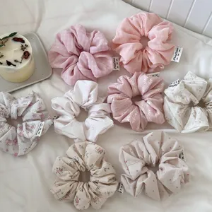 Korean Style Pink Series Floral Fabric Scrunchies Medium Size Bowknot Polka Dot Plaid Hair Ties Elastic Hair Bands For Women Daily Hair Accessories