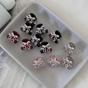 Cute rhinestone cherry mini hair claw clips set, sweet bow hair accessories for women and girls.