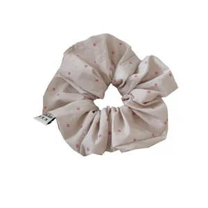 Korean style pink polka dot hair scrunchie for women, cute hair accessories for daily wear.