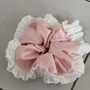 Pink and white lace hair scrunchie, sweet fairy style ponytail holder for women and girls daily wear.