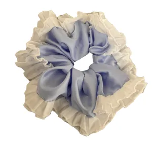 Blue satin scrunchie with white lace ruffle sweet hair tie cute ponytail holder hair accessories