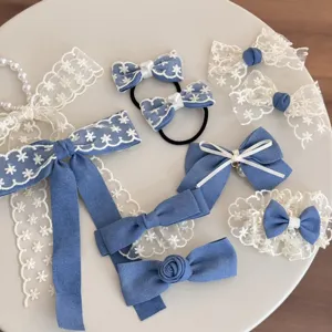 Cute blue denim white lace bow hair clips sweet girl side clips hair accessories set.